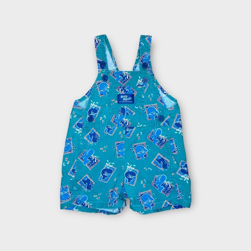 OshKosh B’gosh Vintage Text Whale Graphic Green Shortall Overalls